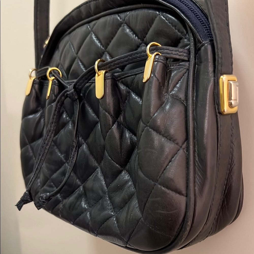 Judith Leiber Navy Blue Quilted Crossbody Bag with Diamond Pattern Kid Leather - Picture 6 of 7